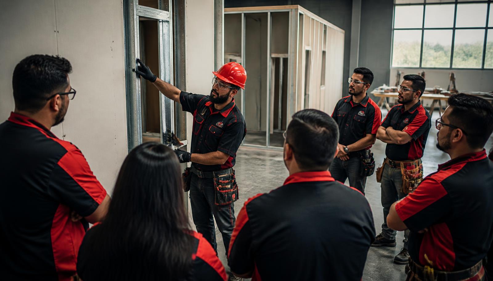 Instrutor GDSUL demonstrando montagem de parede em steel framing para uma turma